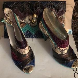 Multi colored exotic skin lady heels/purse EU 37/7